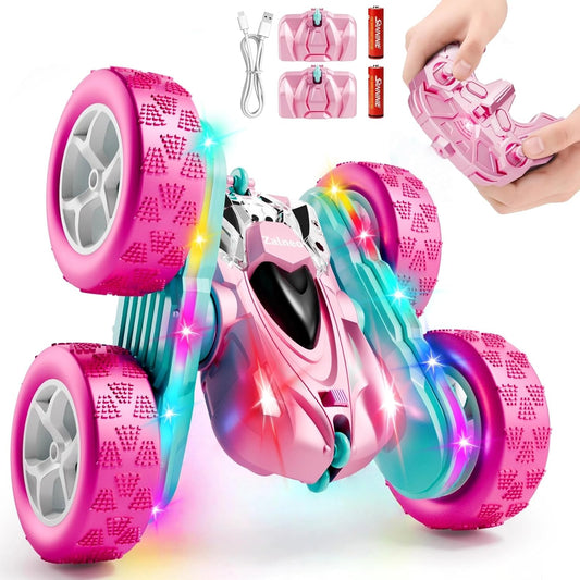 RC Car Pink 4WD Remote Control Car 360° Flip Double‑Sided LED Light Bar & Quick‑Swap USB‑C Modular Battery, 2.4 GHz No‑Interference Popular Outdoor Beach Toy, Popular Gift for Girls Ages 6‑12