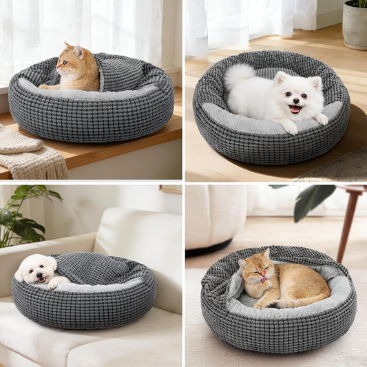 Small Dog Bed with Attached Blanket, Cozy Donut Cuddler Anti-Anxiety Hooded Pet Beds Calming Cave Bed. Orthopedic Round Puppy Beds for Dogs or Cats Washable, Anti-Slip Bottom, 23inch