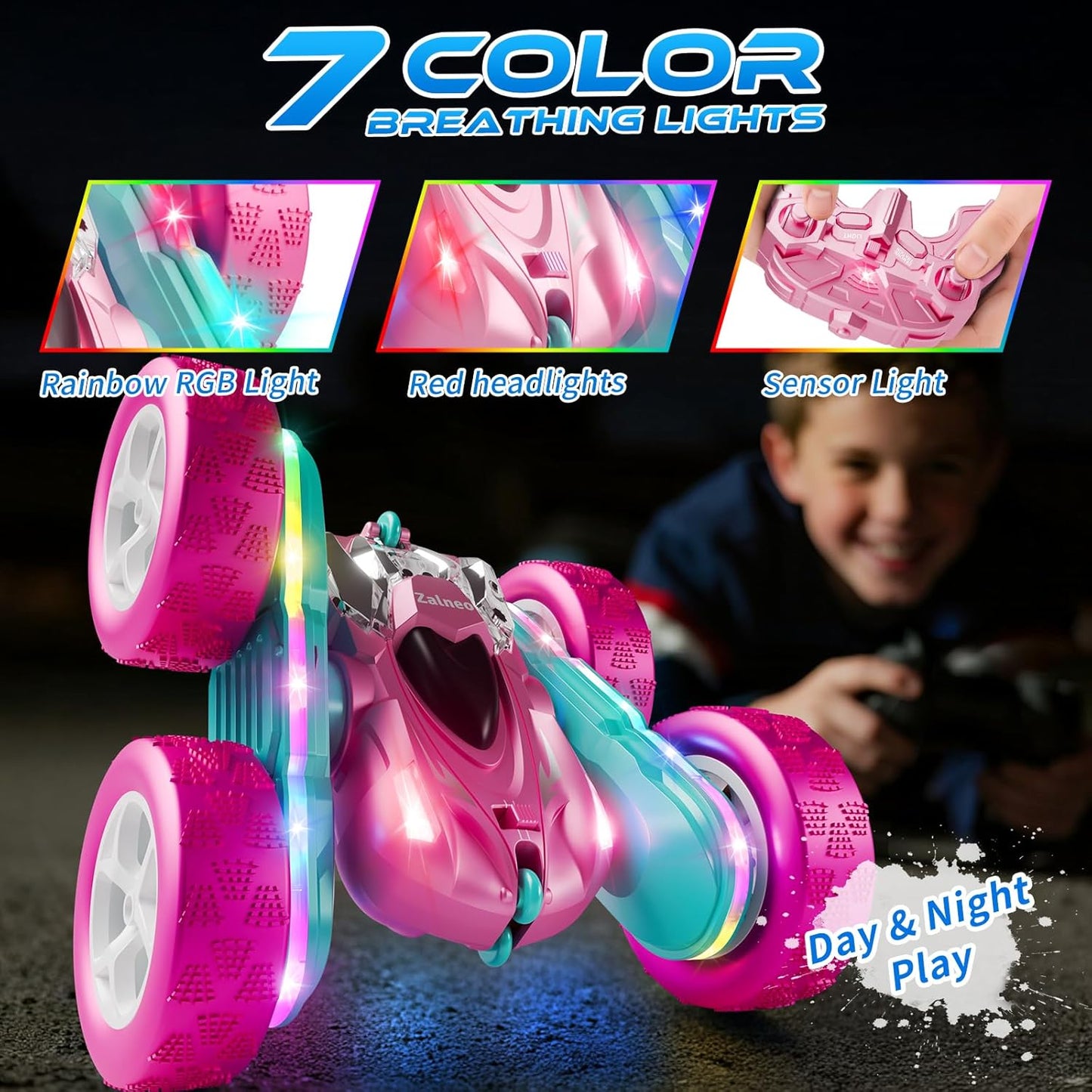 RC Car Pink 4WD Remote Control Car 360° Flip Double‑Sided LED Light Bar & Quick‑Swap USB‑C Modular Battery, 2.4 GHz No‑Interference Popular Outdoor Beach Toy, Popular Gift for Girls Ages 6‑12