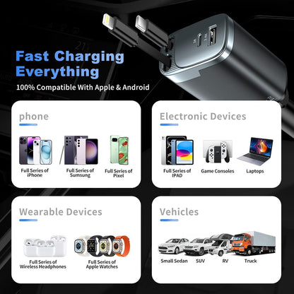 Retractable Car Charger 4 in 1, Car Charger USB C Fast Charge 84W Cigarette Lighter USB Charger, Travel Essentials Car Accessories Gifts for Men Women for iPhone 17 16 15 14 13 12 Pro Max, Samsung
