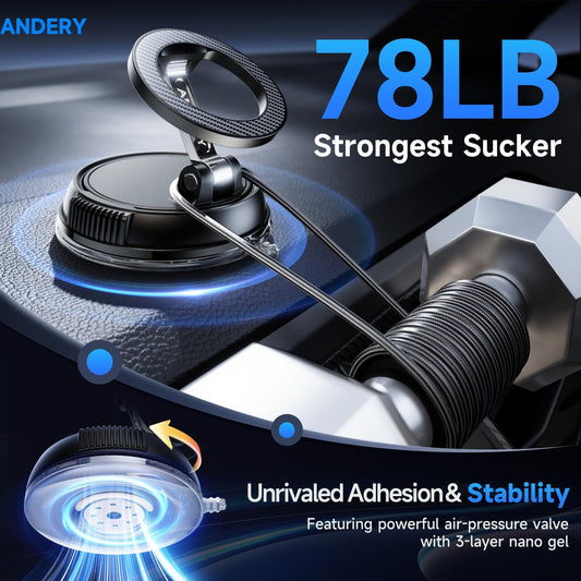 ANDERY Car Phone Holder for Magsafe [78+LBS Strongest Suction & 2400gf Magnetic] 360° Adjustable Car Phone Mount, Phone Holders for Your Car for iPhone 17 Pro Max 16 15 14 13 12 Plus Air, Carbon Fiber