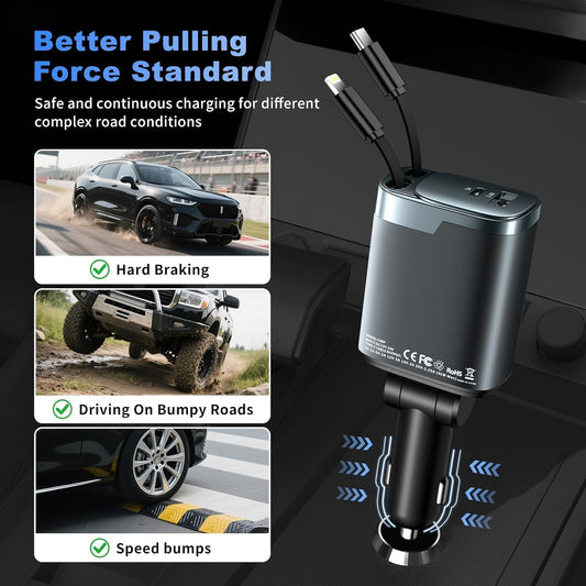 Retractable Car Charger 4 in 1, Car Charger USB C Fast Charge 84W Cigarette Lighter USB Charger, Travel Essentials Car Accessories Gifts for Men Women for iPhone 17 16 15 14 13 12 Pro Max, Samsung