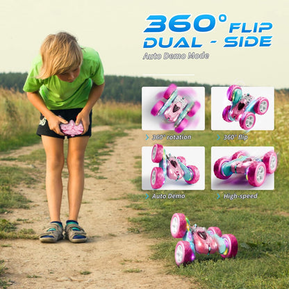 RC Car Pink 4WD Remote Control Car 360° Flip Double‑Sided LED Light Bar & Quick‑Swap USB‑C Modular Battery, 2.4 GHz No‑Interference Popular Outdoor Beach Toy, Popular Gift for Girls Ages 6‑12