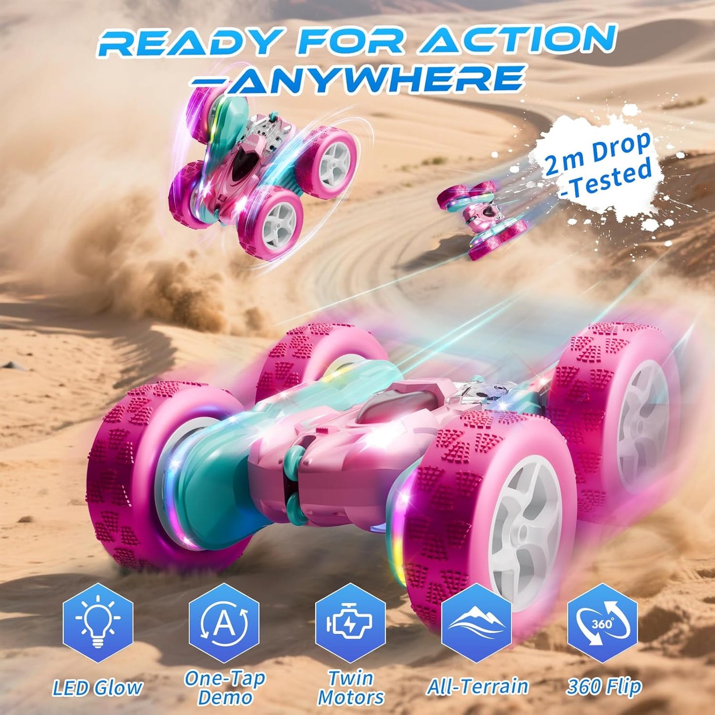 RC Car Pink 4WD Remote Control Car 360° Flip Double‑Sided LED Light Bar & Quick‑Swap USB‑C Modular Battery, 2.4 GHz No‑Interference Popular Outdoor Beach Toy, Popular Gift for Girls Ages 6‑12