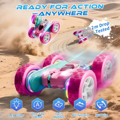 RC Car Pink 4WD Remote Control Car 360° Flip Double‑Sided LED Light Bar & Quick‑Swap USB‑C Modular Battery, 2.4 GHz No‑Interference Popular Outdoor Beach Toy, Popular Gift for Girls Ages 6‑12