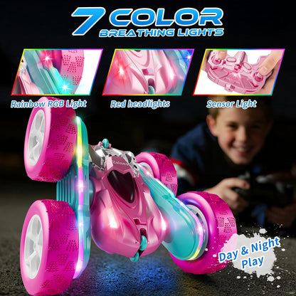 RC Car Pink 4WD Remote Control Car 360° Flip Double‑Sided LED Light Bar & Quick‑Swap USB‑C Modular Battery, 2.4 GHz No‑Interference Popular Outdoor Beach Toy, Popular Gift for Girls Ages 6‑12