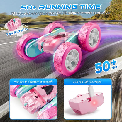 RC Car Pink 4WD Remote Control Car 360° Flip Double‑Sided LED Light Bar & Quick‑Swap USB‑C Modular Battery, 2.4 GHz No‑Interference Popular Outdoor Beach Toy, Popular Gift for Girls Ages 6‑12